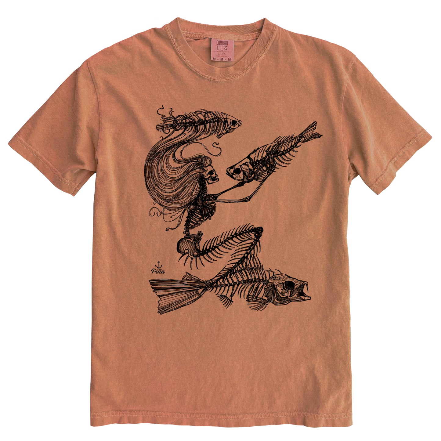 Skeleton Mermaid in Black Ink Comfort Colours Heavyweight Cotton Unisex Tee