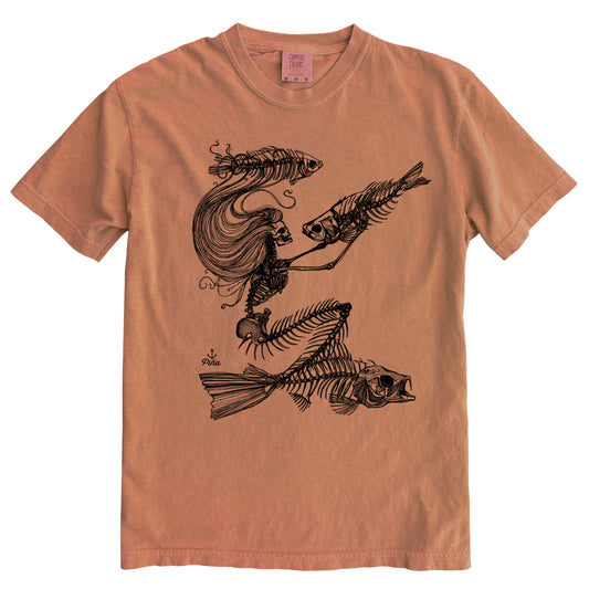 Skeleton Mermaid in Black Ink Comfort Colours Heavyweight Cotton Unisex Tee