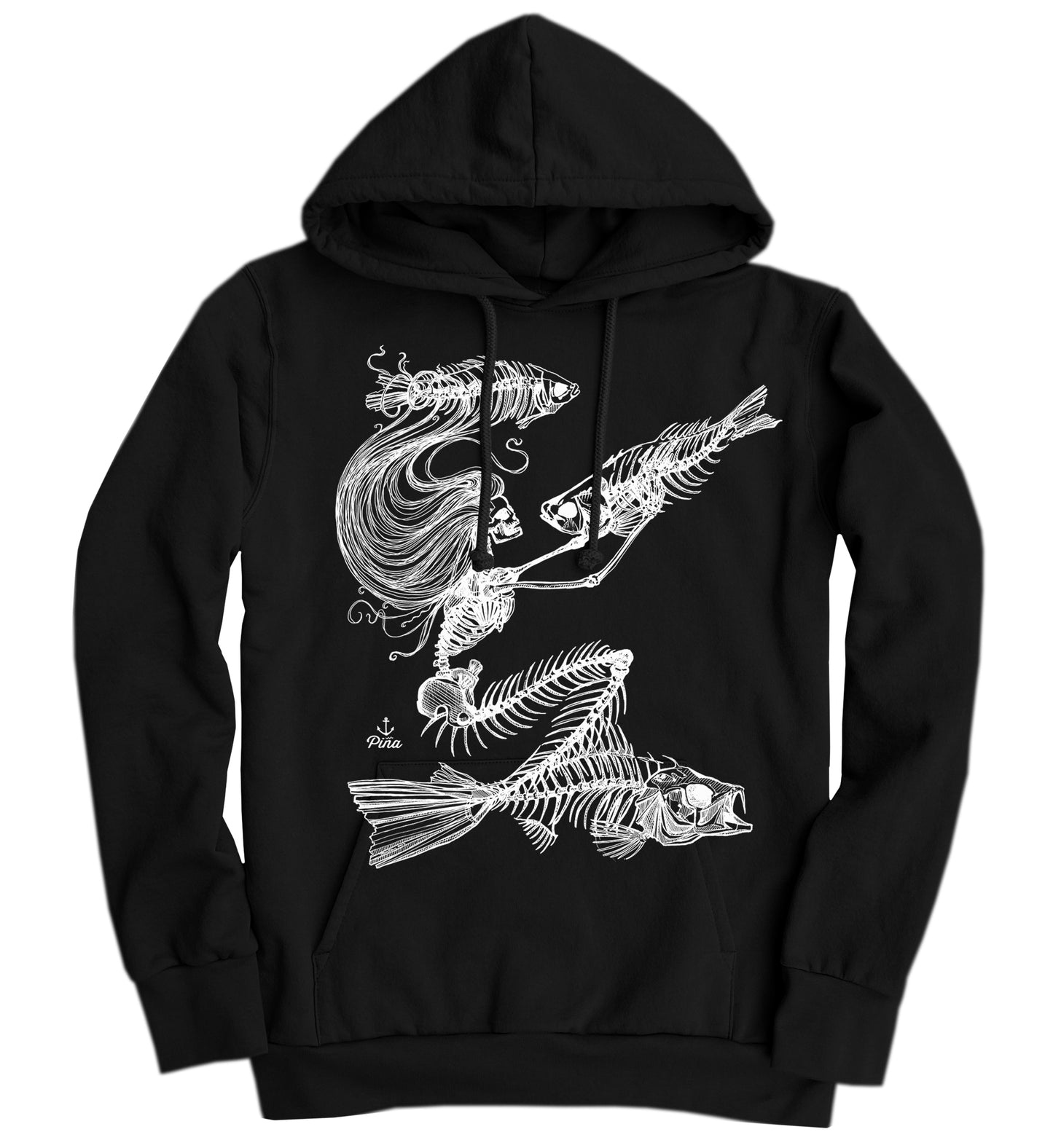 Skeleton Mermaid in White Ink Organic Cotton Unisex Hoodie Made in Canada