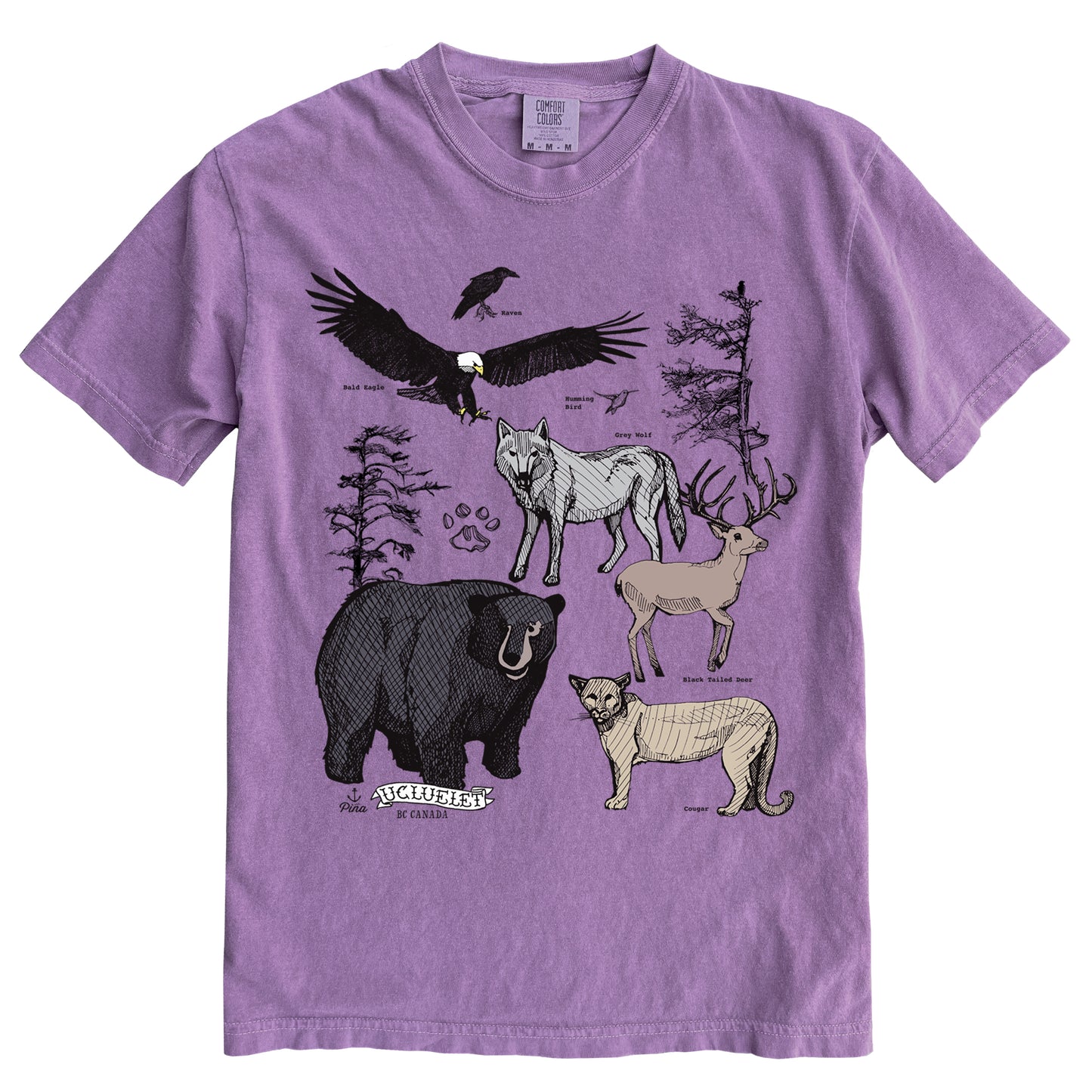 PNW Forest Species in Colour Ink Light on Dark Comfort Colours Heavyweight Cotton Unisex Tee