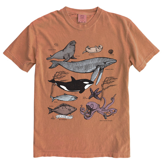 PNW Ocean Species in Colour Ink Light on Dark Comfort Colours Heavyweight Cotton Unisex Tee