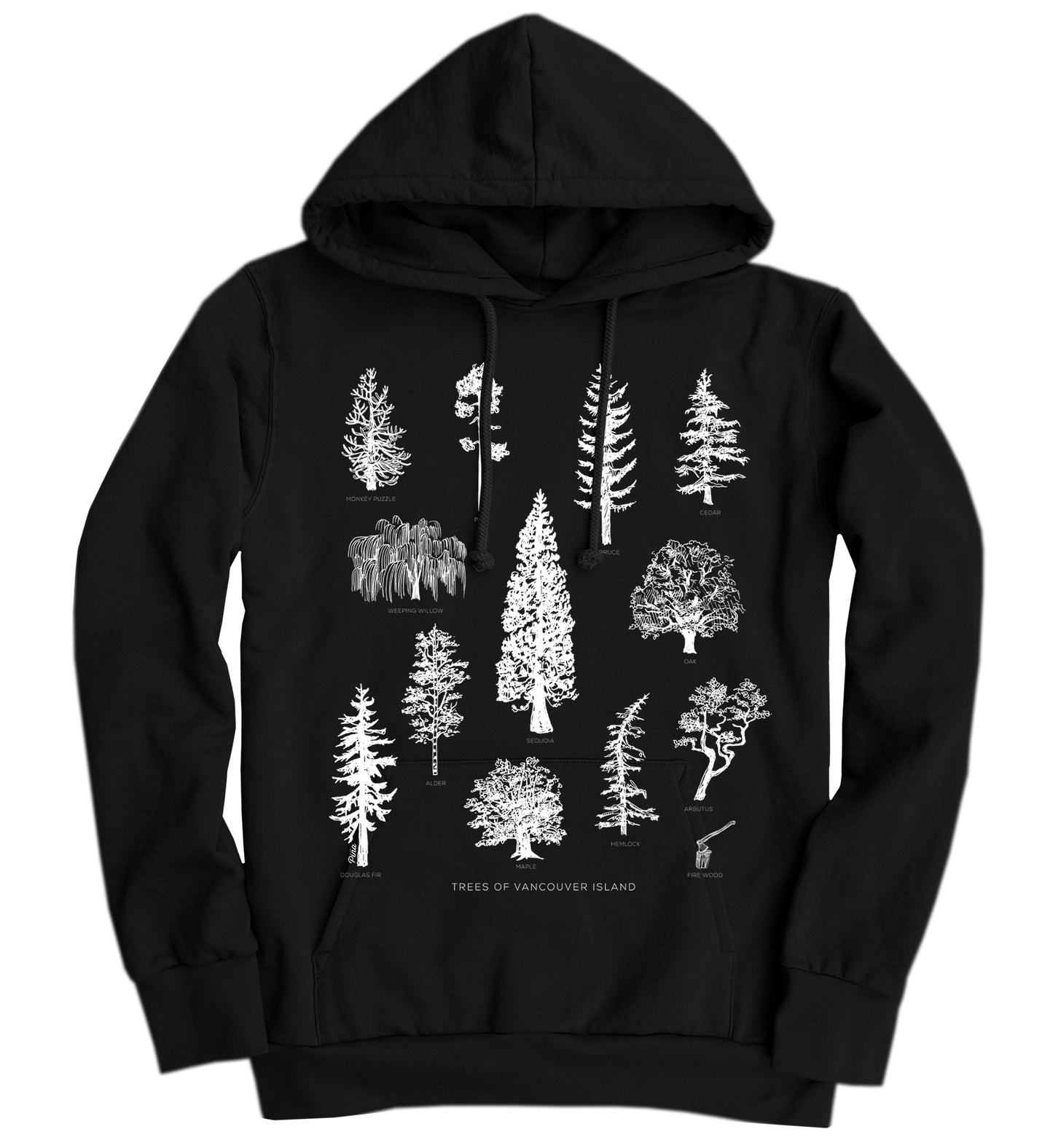 Trees of Vancouver Island in White Ink Organic Cotton Unisex Hoodie Made in Canada