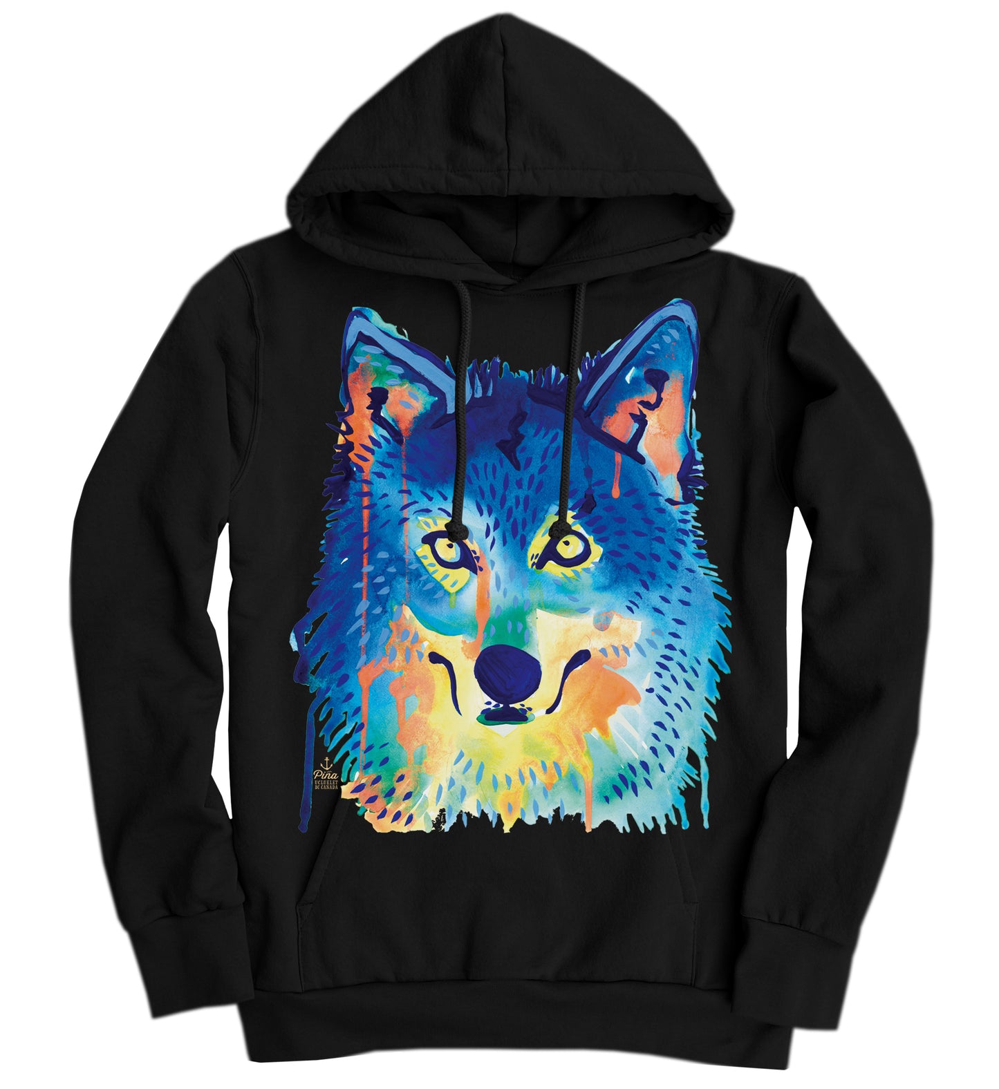 Watercolour Wolf Face in Full Colour Organic Cotton Unisex Hoodie Made in Canada