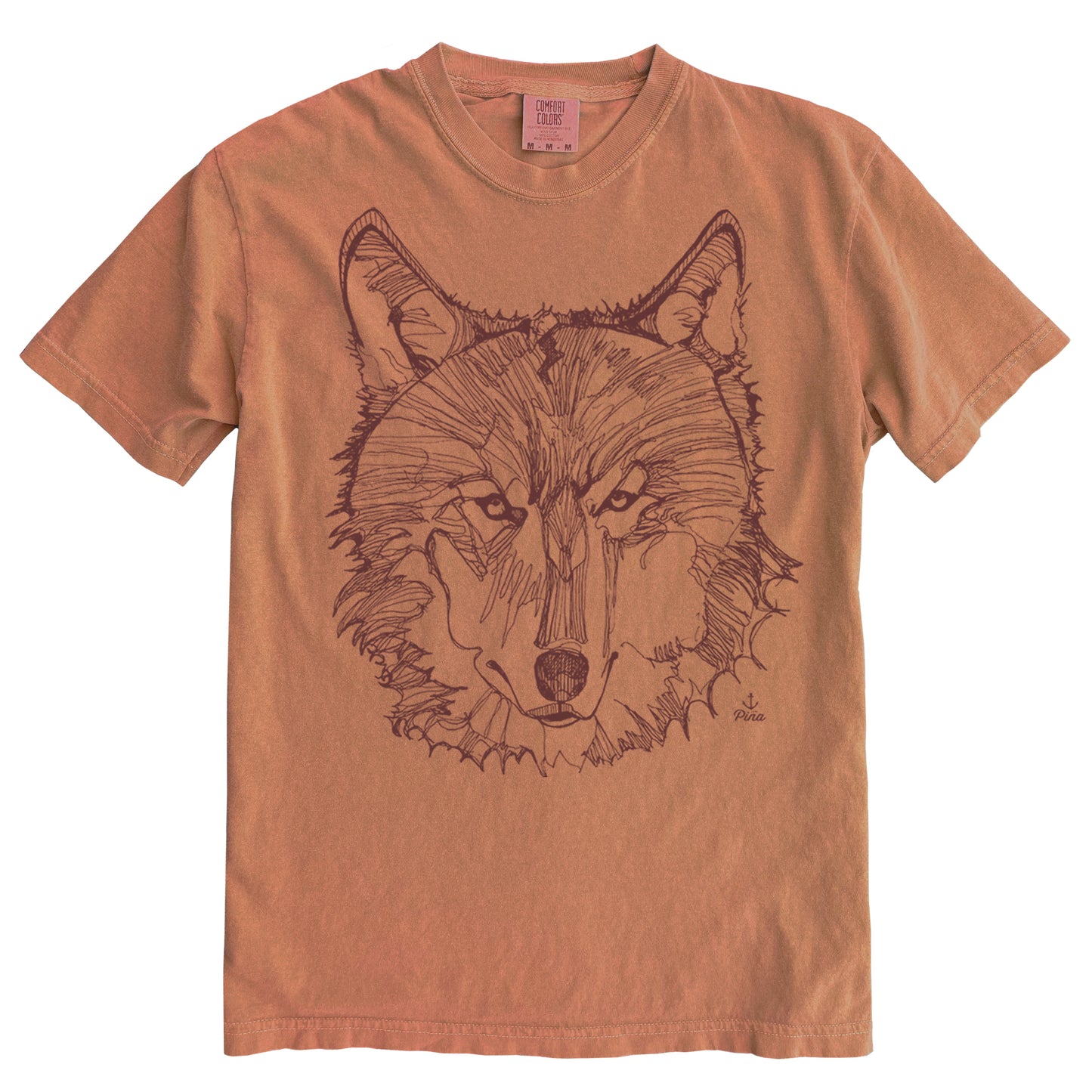 Wolf Face in Brown Ink Comfort Colours Heavyweight Cotton Unisex Tee