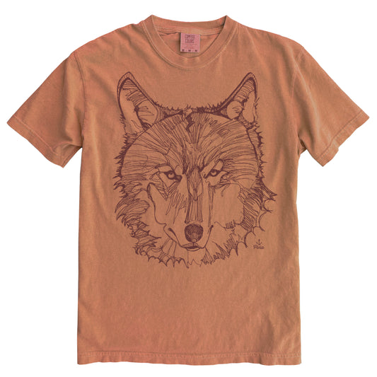 Wolf Face in Brown Ink Comfort Colours Heavyweight Cotton Unisex Tee