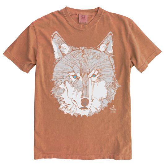 Wolf Face in Grey Ink Light on Dark Comfort Colours Heavyweight Cotton Unisex Tee