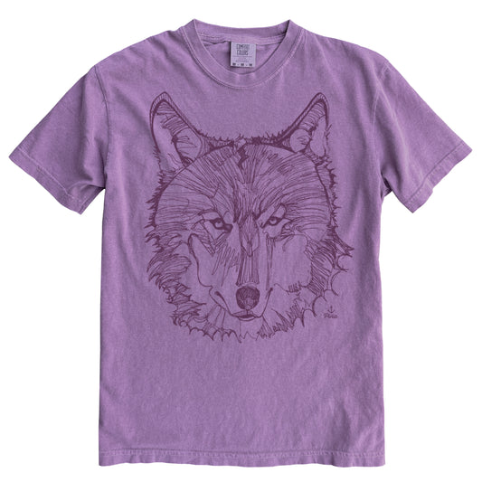 Wolf Face in Purple Ink Light on Dark Comfort Colours Heavyweight Cotton Unisex Tee