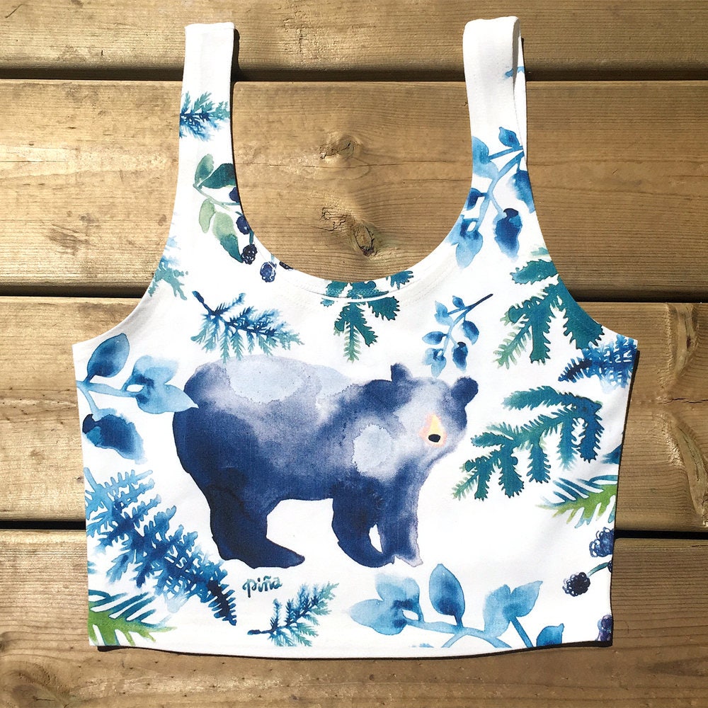 Watercolor Bear and Foliage Crop Top