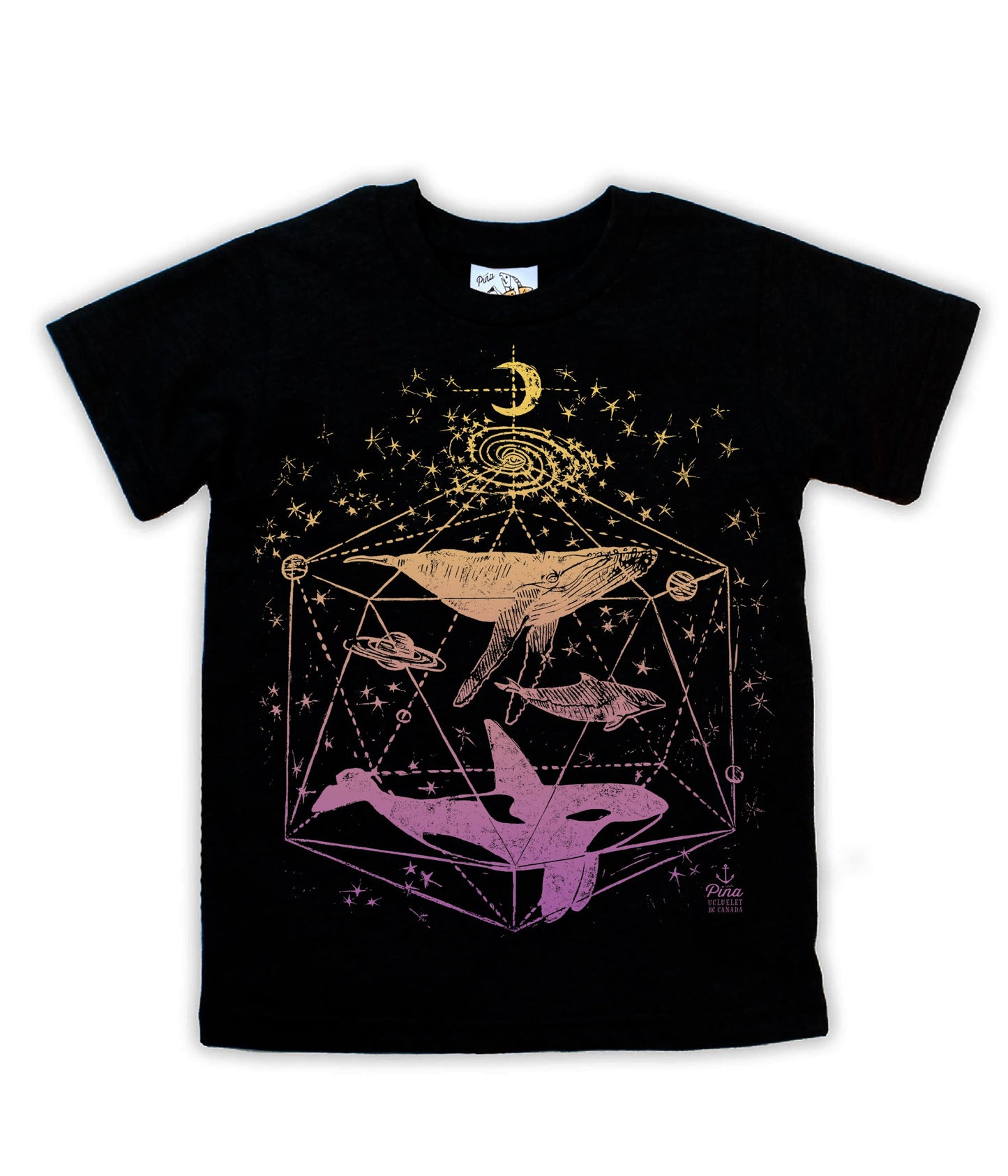 Galactic Whales in Purple Gold Gradient Organic Cotton Kids Tee