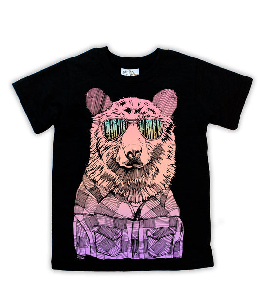 Hipster Bear in Colour Negative Light on Dark Organic Cotton Kids Tee