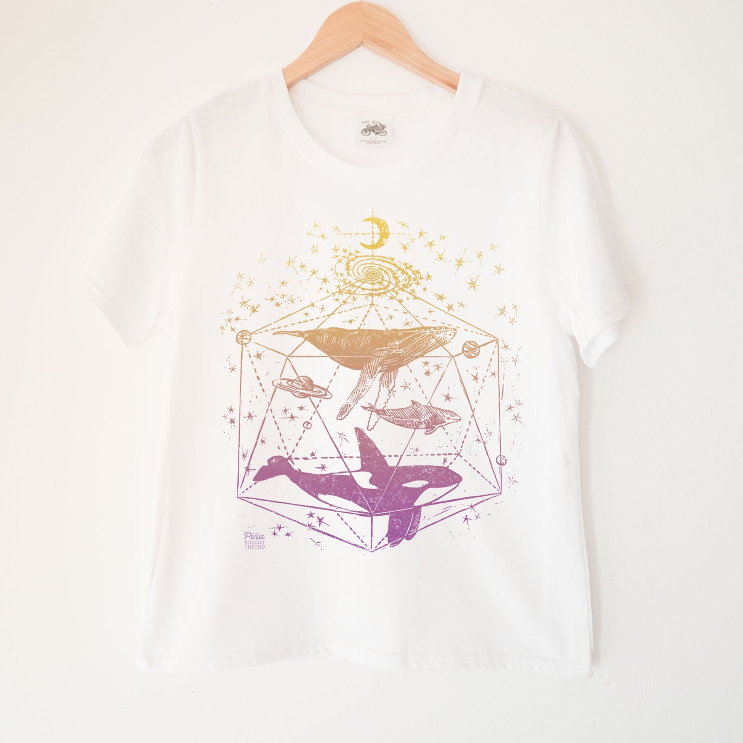 Galactic Whales in Colour Purple Gold Gradient Kennedy Lake Ladies Organic Cotton Tee