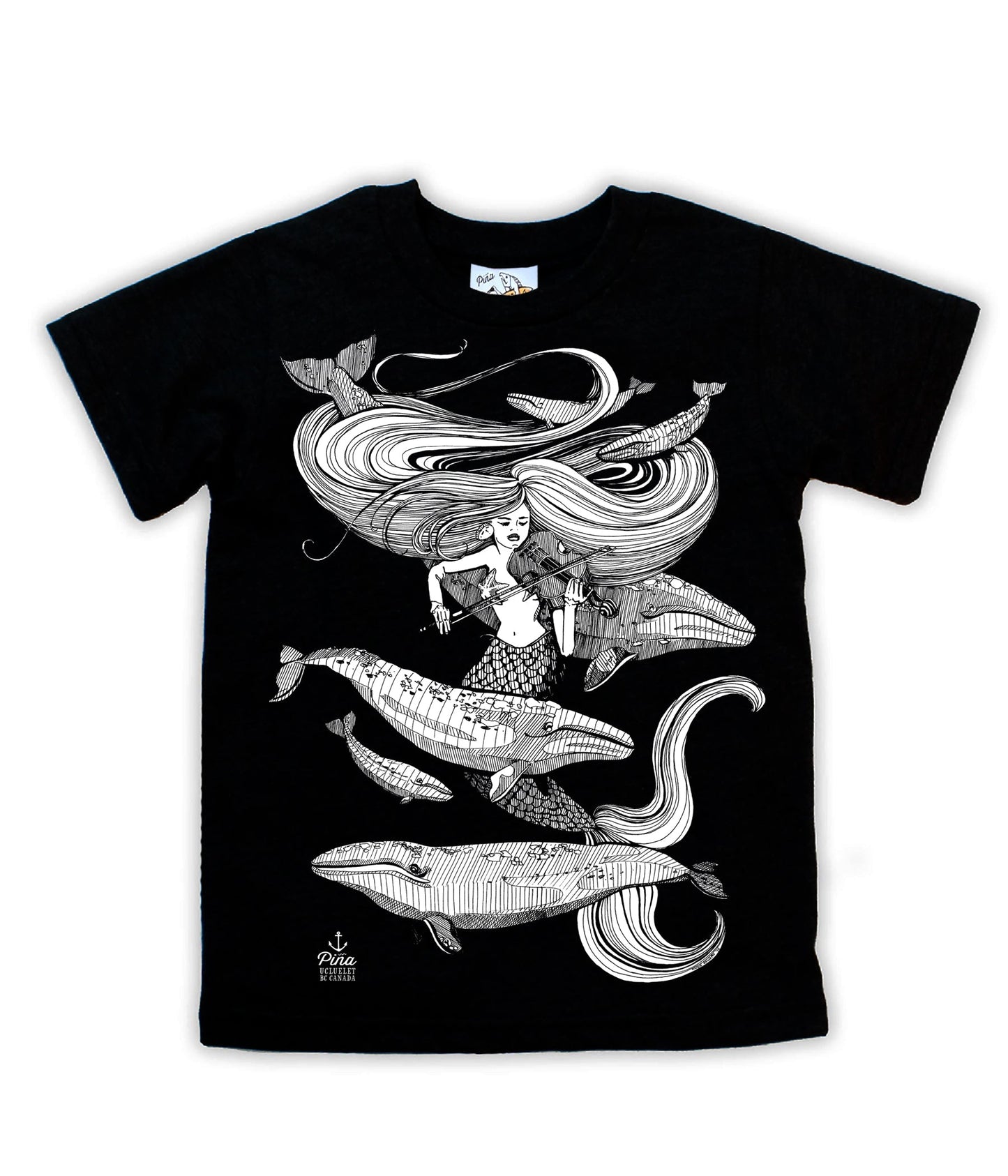 Mermaid Fiddling in White Negative Organic Cotton Kids Tee